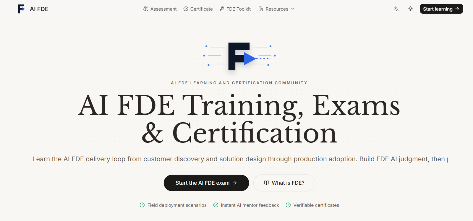 2 - AI FDE hero: logo centered above the title 'AI FDE Training, Exams & Certification' with a subtitle and two CTA buttons.