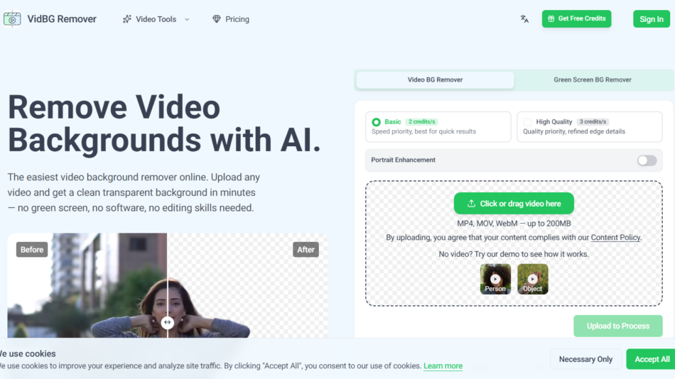 2 - Hero section for VidBG Remover with large headline “Remove Video Backgrounds with AI” on the left and a tool panel on the right showing upload area.