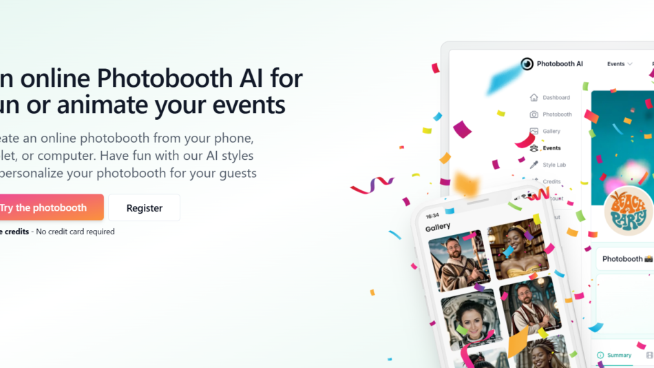 2 - Hero banner: left text about an online Photobooth AI; right shows devices with confetti celebrating.