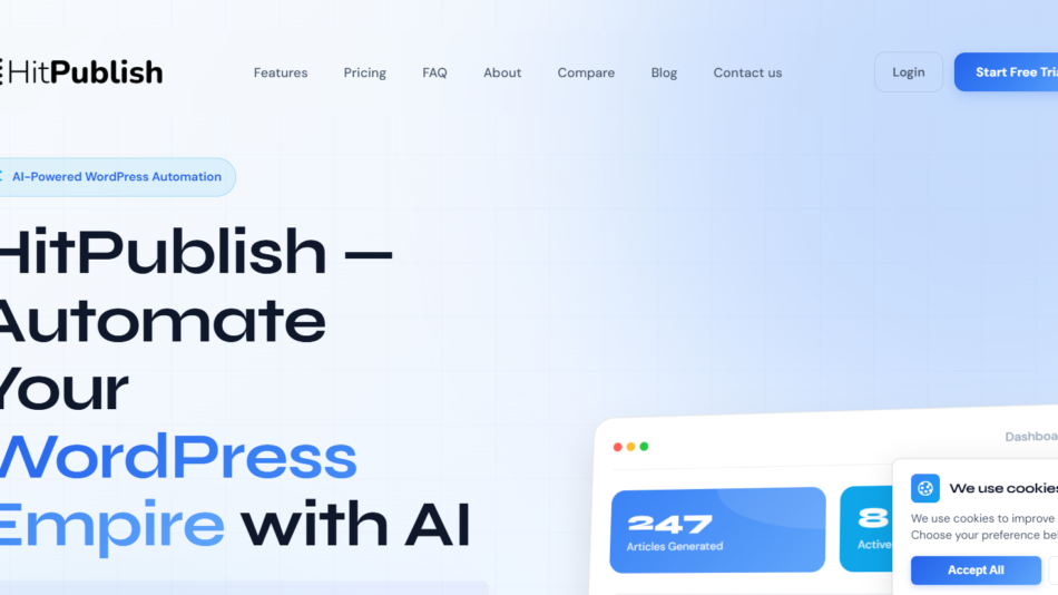 2 - Header hero for HitPublish website showing logo, navigation, and a blue gradient background with the tagline 'HitPublish — Automate Your WordPress Empire with AI'.