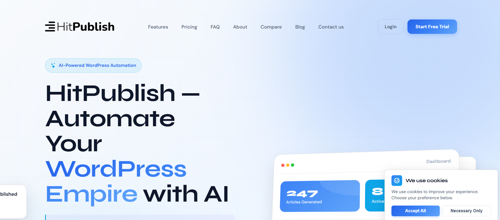 2 - Header hero for HitPublish website showing logo, navigation, and a blue gradient background with the tagline 'HitPublish — Automate Your WordPress Empire with AI'.