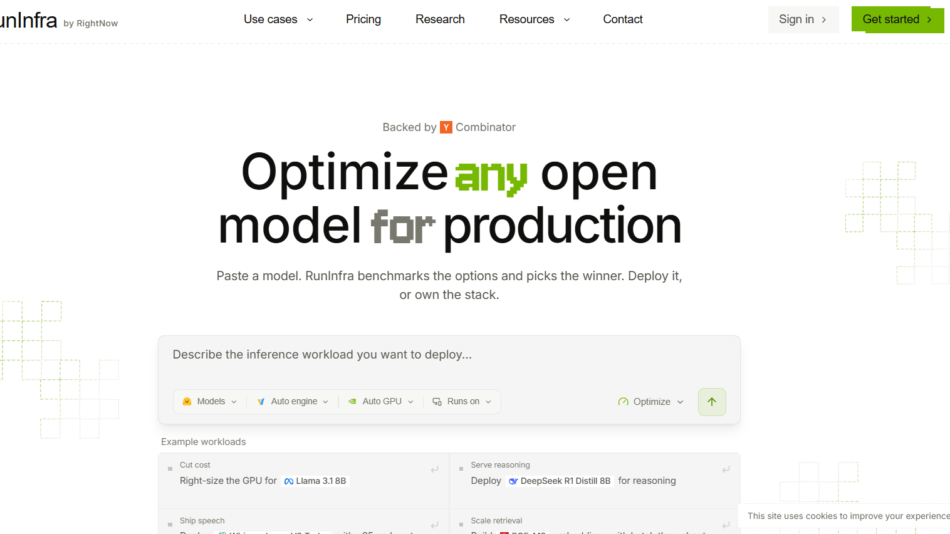 20 - Hero header for Runlnfra: bold headline 'Optimize any open model for production' with 'Backed by YC Combinator' and navigation across the top; branding on the left.
