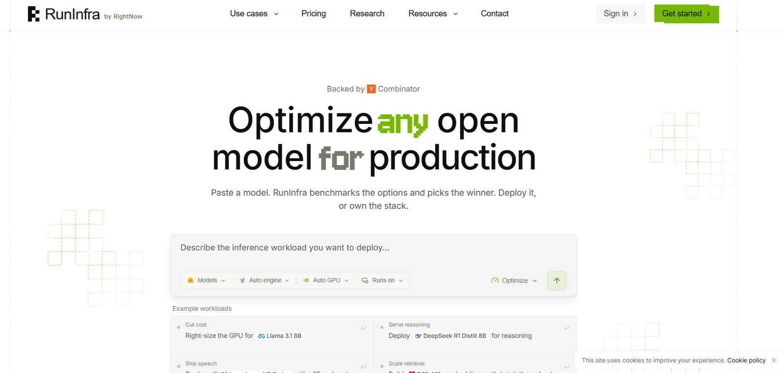 20 - Hero header for Runlnfra: bold headline 'Optimize any open model for production' with 'Backed by YC Combinator' and navigation across the top; branding on the left.