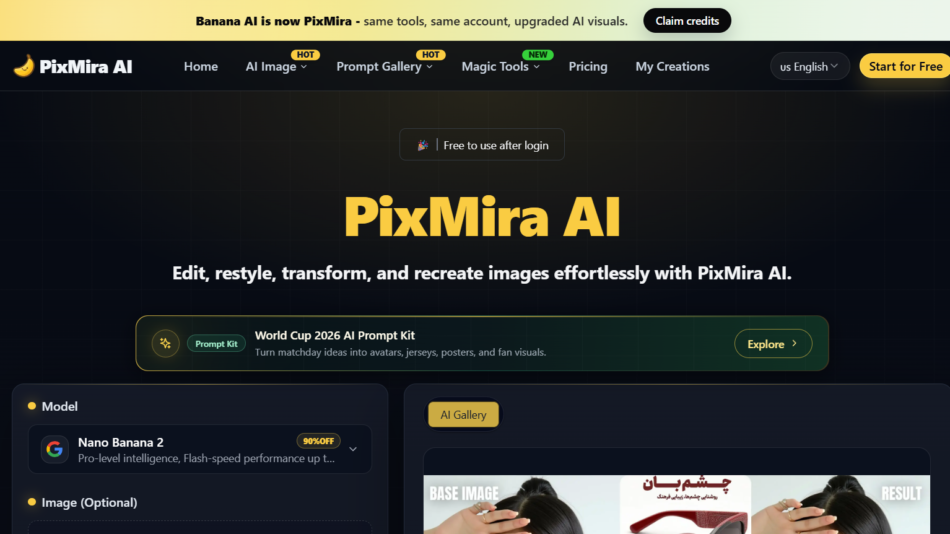 20 - Hero banner for PixMira AI homepage with bold yellow 'PixMira AI' title, subtitle about editing and transforming images, on a dark grid background.