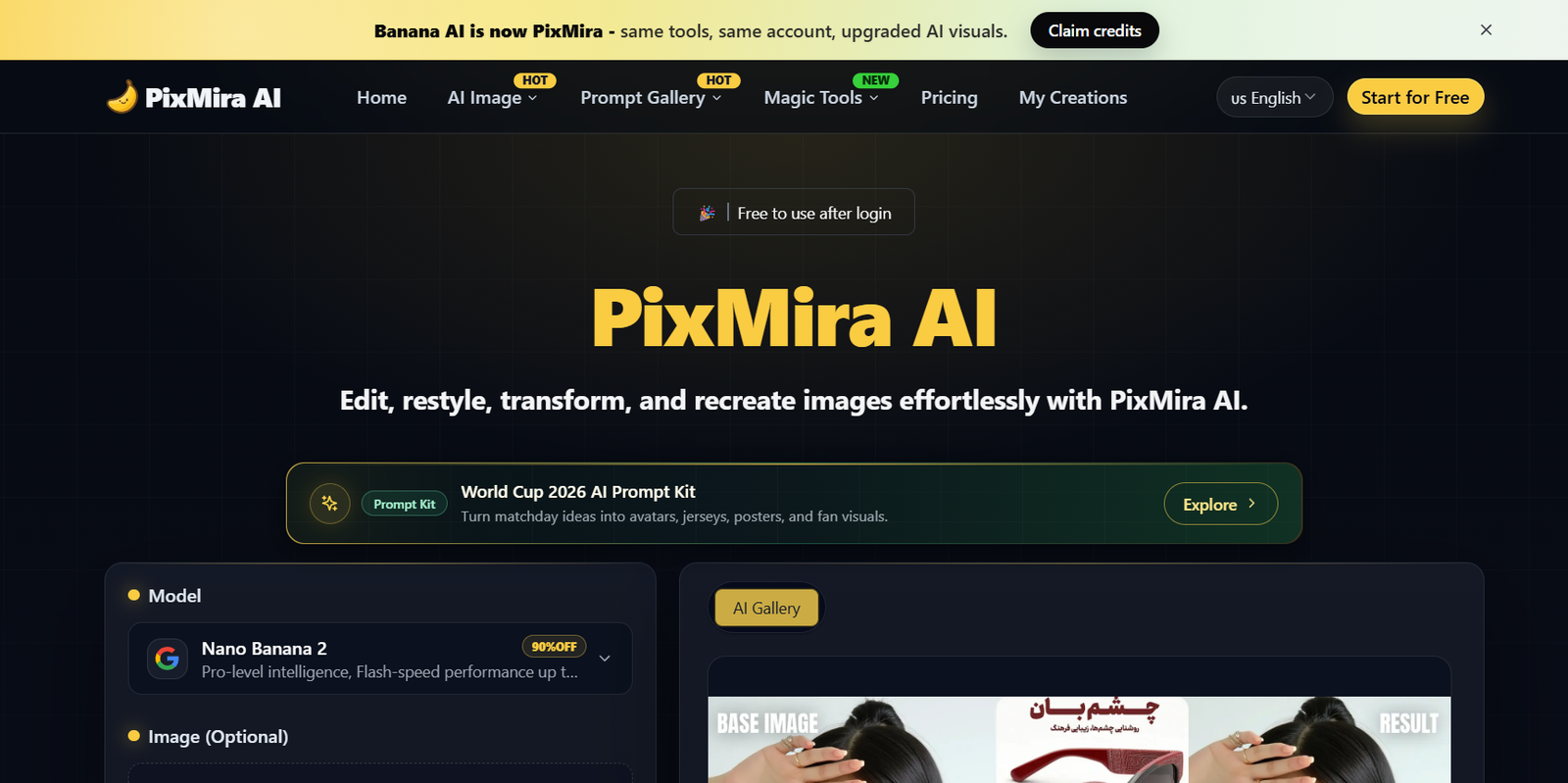 20 - Hero banner for PixMira AI homepage with bold yellow 'PixMira AI' title, subtitle about editing and transforming images, on a dark grid background.