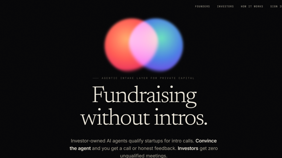 Hero banner for Parley site with two overlapping colorful glow orbs on a black gradient, above the headline 'Fundraising without intros.'