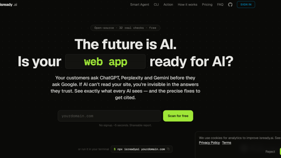 20 - Hero section promoting AI readiness for web apps with bold headline and a green-highlighted 'web app' toggle, dark dotted background, and a domain scan input with a bright green 'Scan for free' button.