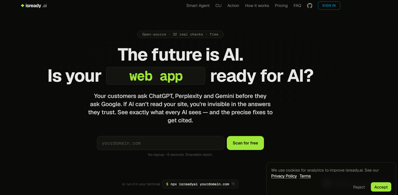 20 - Hero section promoting AI readiness for web apps with bold headline and a green-highlighted 'web app' toggle, dark dotted background, and a domain scan input with a bright green 'Scan for free' button.
