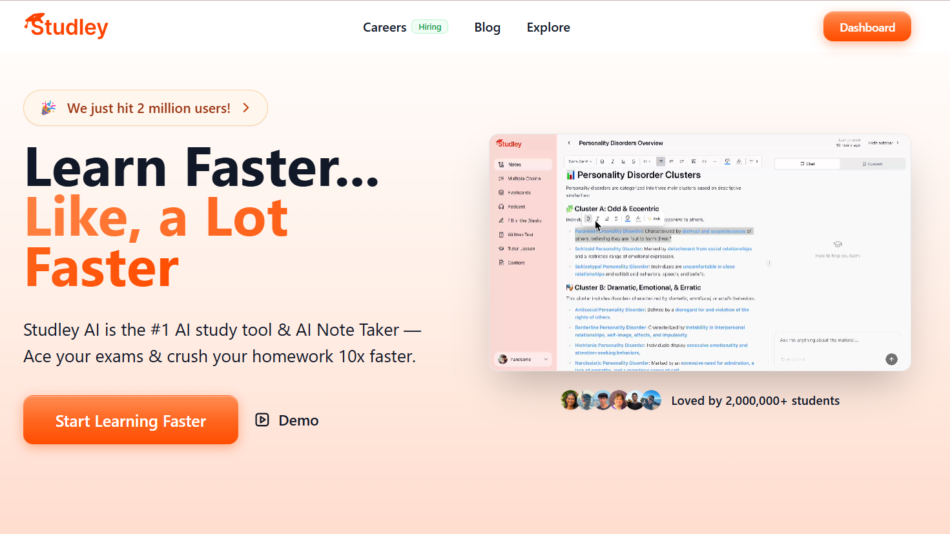 20 - Hero section of Studley AI homepage: bold headline 'Learn Faster... Like, a Lot Faster' with orange 'Start Learning Faster' button and a right-side product mockup.