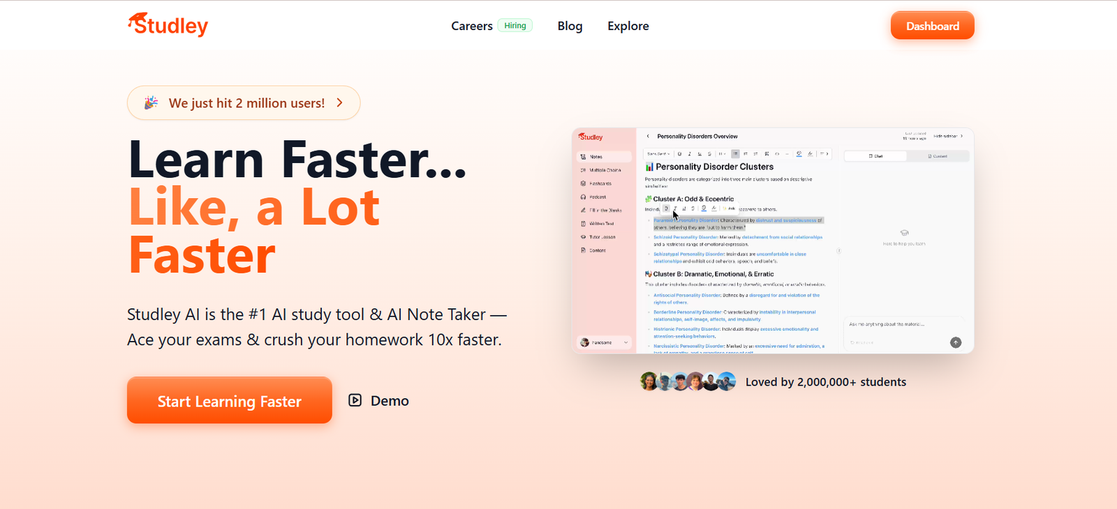 20 - Hero section of Studley AI homepage: bold headline 'Learn Faster... Like, a Lot Faster' with orange 'Start Learning Faster' button and a right-side product mockup.