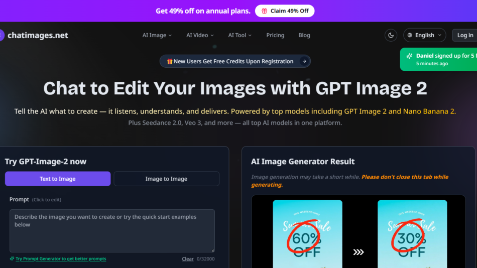Hero section of chatimages.net showing the title 'Chat to Edit Your Images with GPT Image 2' on a dark gradient background with a large white heading and subtitle text.