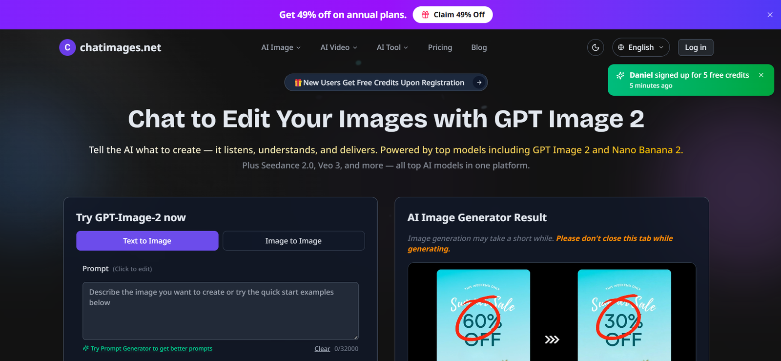 20 - Hero section of chatimages.net showing the title 'Chat to Edit Your Images with GPT Image 2' on a dark gradient background with a large white heading and subtitle text.