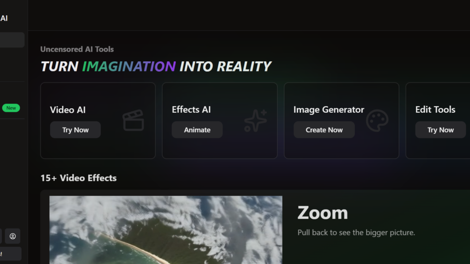 20 - Dark UI homepage for Unlucid.ai showing tool cards: Video AI, Effects AI, Image Generator, Edit Tools on a gradient banner at the top left navigation is visible.