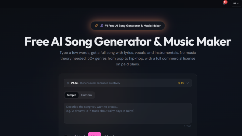 Dark hero screen advertising a Free AI Song Generator & Music Maker with large bold title text and a subtitle describing features, plus a vertical icon toolbar along the left edge.