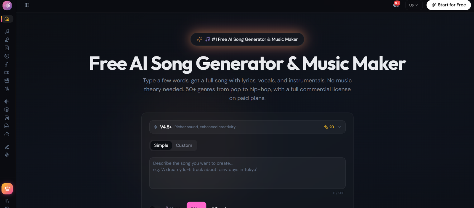 20 - Dark hero screen advertising a Free AI Song Generator & Music Maker with large bold title text and a subtitle describing features, plus a vertical icon toolbar along the left edge.