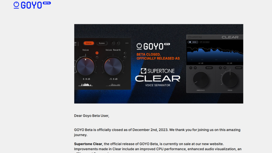 20 - Goyo Beta announcement banner showing product visuals and logos for Suertone Clear
