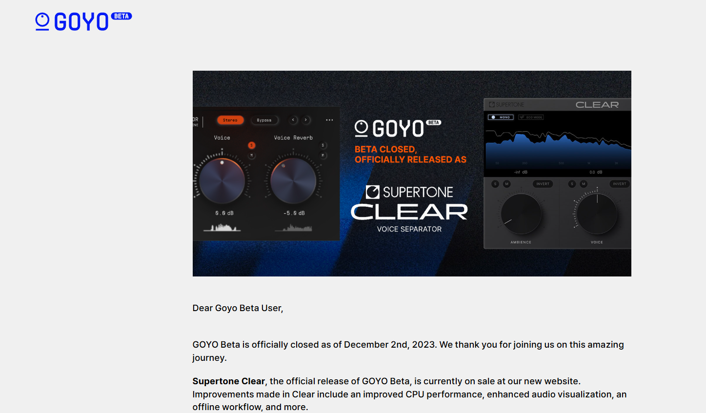 20 - Goyo Beta announcement banner showing product visuals and logos for Suertone Clear