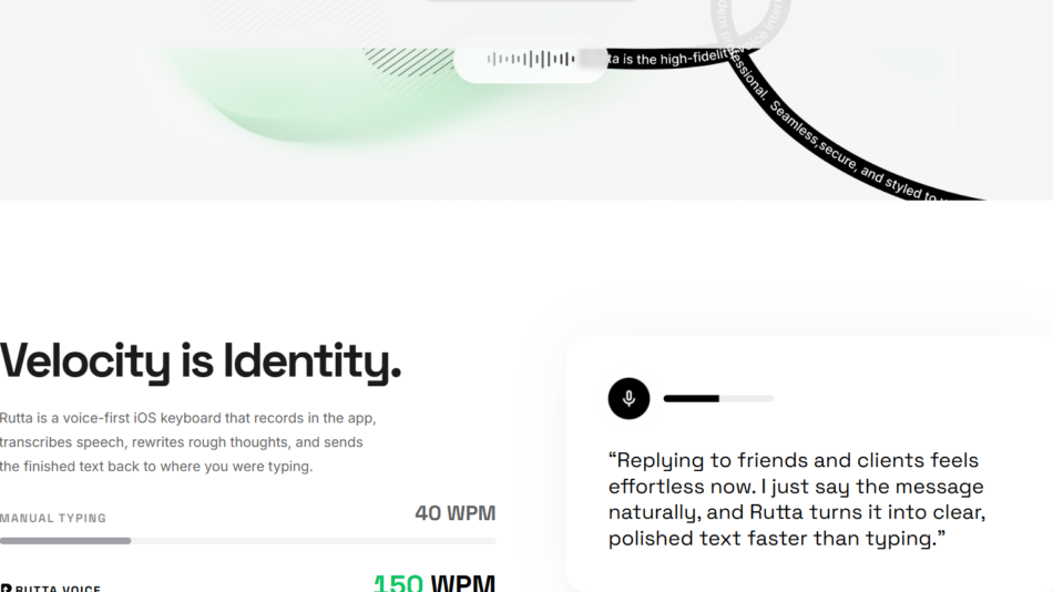 21 - Hero section of Rutta homepage with the logo top left, large bold headline 'Velocity is Identity.' and a descriptive paragraph about a voice-first iOS keyboard.
