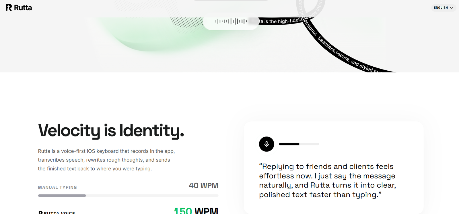 21 - Hero section of Rutta homepage with the logo top left, large bold headline 'Velocity is Identity.' and a descriptive paragraph about a voice-first iOS keyboard.