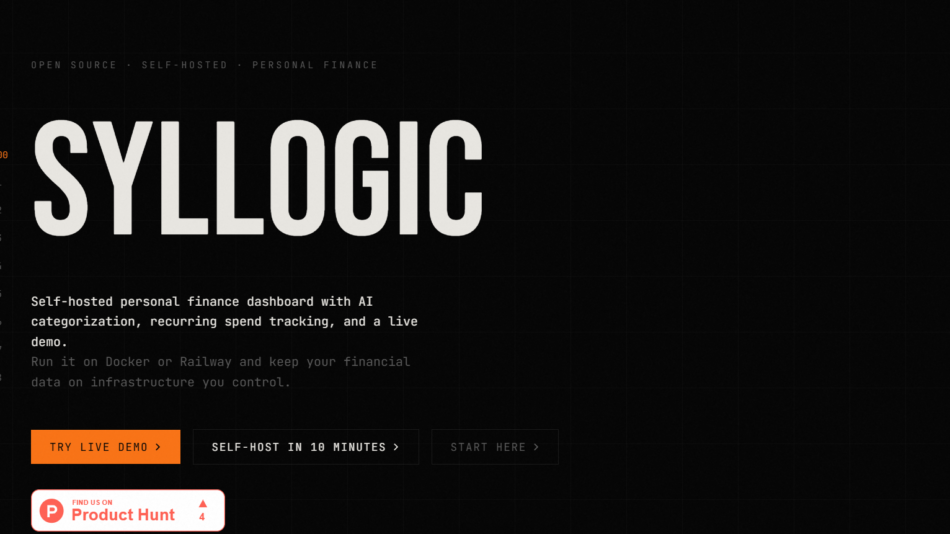 Hero section for SYLLOGIC: a dark, grid-patterned background with a large, off-white "SYLLOGIC" title on the left; navigation text at top and three call-to-action buttons: "TRY LIVE DEMO", "SELF-HOST IN 10 MINUTES", and "START HERE"; supporting copy describes a self-hosted AI-powered personal finance dashboard and Docker/Railway setup; a Product Hunt badge appears bottom-left.