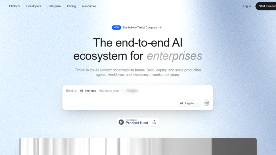 21 - Hero header with a blue textured gradient background, navigation bar, and the headline: 'The end-to-end AI ecosystem for enterprises'.
