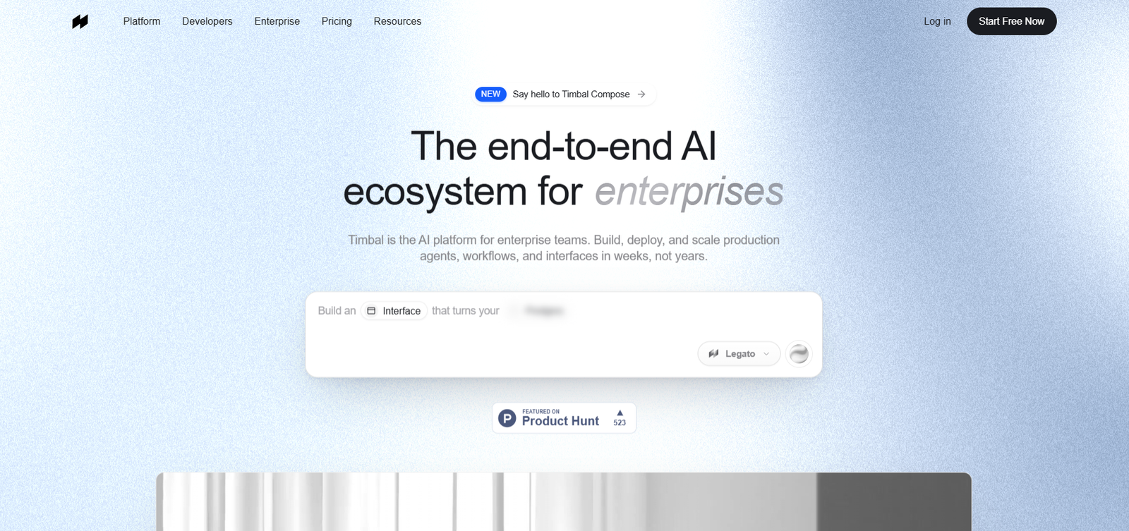 21 - Hero header with a blue textured gradient background, navigation bar, and the headline: 'The end-to-end AI ecosystem for enterprises'.