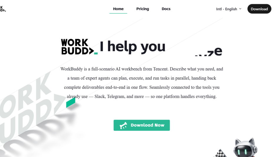 Hero section: bold 'I help you' with WorkBuddy branding, short description, and a green 'Download Now' button.