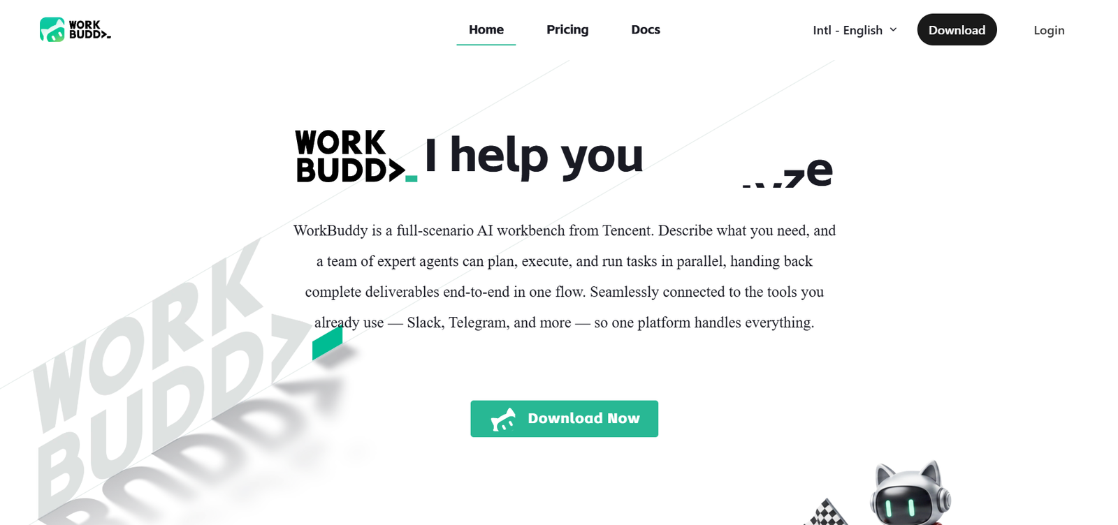21 - Hero section: bold 'I help you' with WorkBuddy branding, short description, and a green 'Download Now' button.