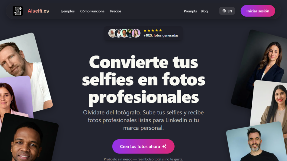 Hero banner on a dark site: scattered rounded portrait photos around a central bold Spanish headline 'Conviértete tus selfies en fotos profesionales' with a purple-pink gradient 'Crea tus fotos ahora' button below and descriptive subtitle text beneath the headline.