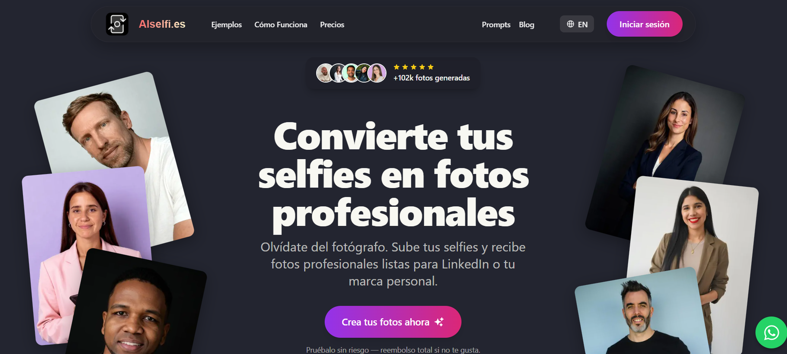 21 - Hero banner on a dark site: scattered rounded portrait photos around a central bold Spanish headline 'Conviértete tus selfies en fotos profesionales' with a purple-pink gradient 'Crea tus fotos ahora' button below and descriptive subtitle text beneath the headline.