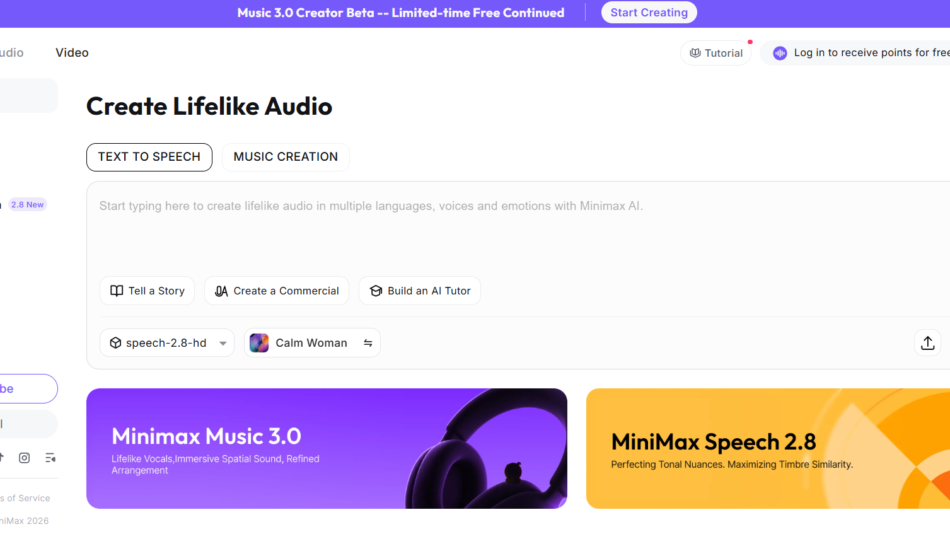 Minimax AI Studio interface showing Create Lifelike Audio with Text to Speech and Music Creation options in the main panel.