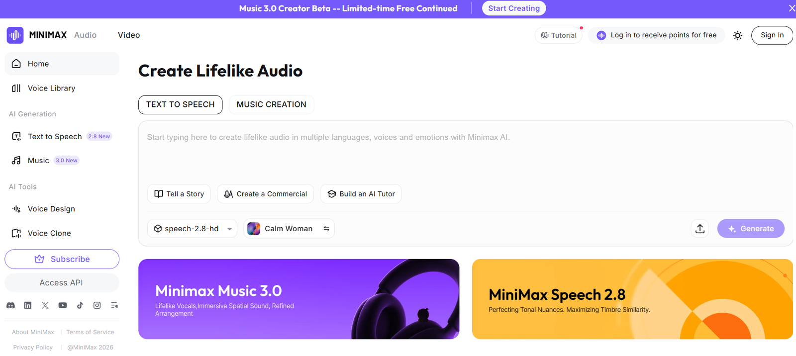 21 - Minimax AI Studio interface showing Create Lifelike Audio with Text to Speech and Music Creation options in the main panel.