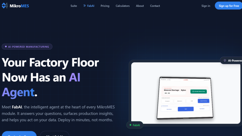 21 - Hero header promoting AI agent for factory floor with bold white typography on a dark grid background and a top navigation bar.
