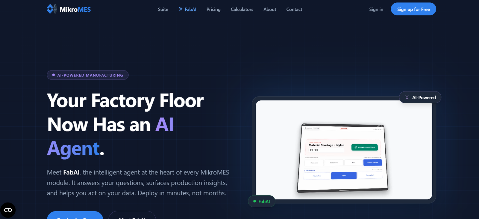 21 - Hero header promoting AI agent for factory floor with bold white typography on a dark grid background and a top navigation bar.
