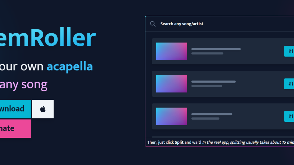 21 - StemRoller hero: dark gradient background, large blue title, and subtitle 'Roll your own acapella from any song' with turquoise Download and pink Donate blocks on the left.