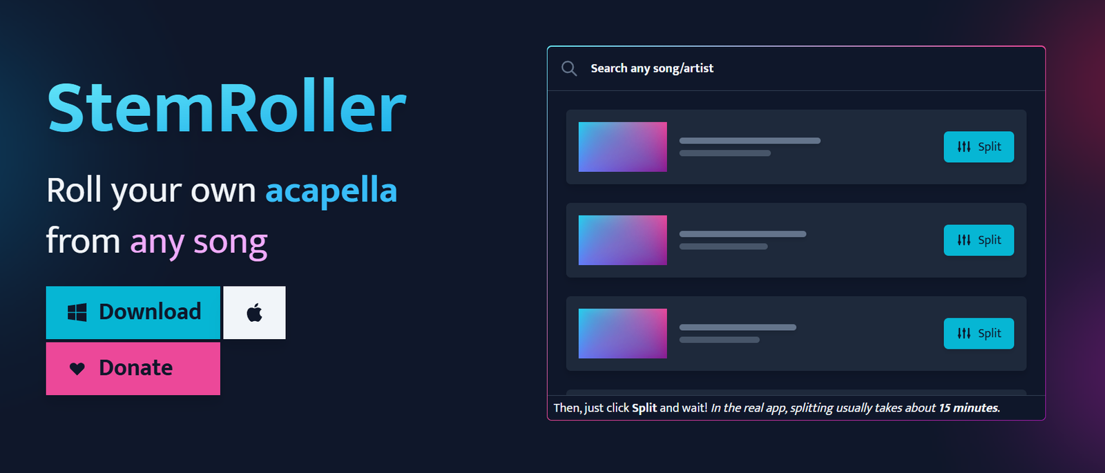 21 - StemRoller hero: dark gradient background, large blue title, and subtitle 'Roll your own acapella from any song' with turquoise Download and pink Donate blocks on the left.