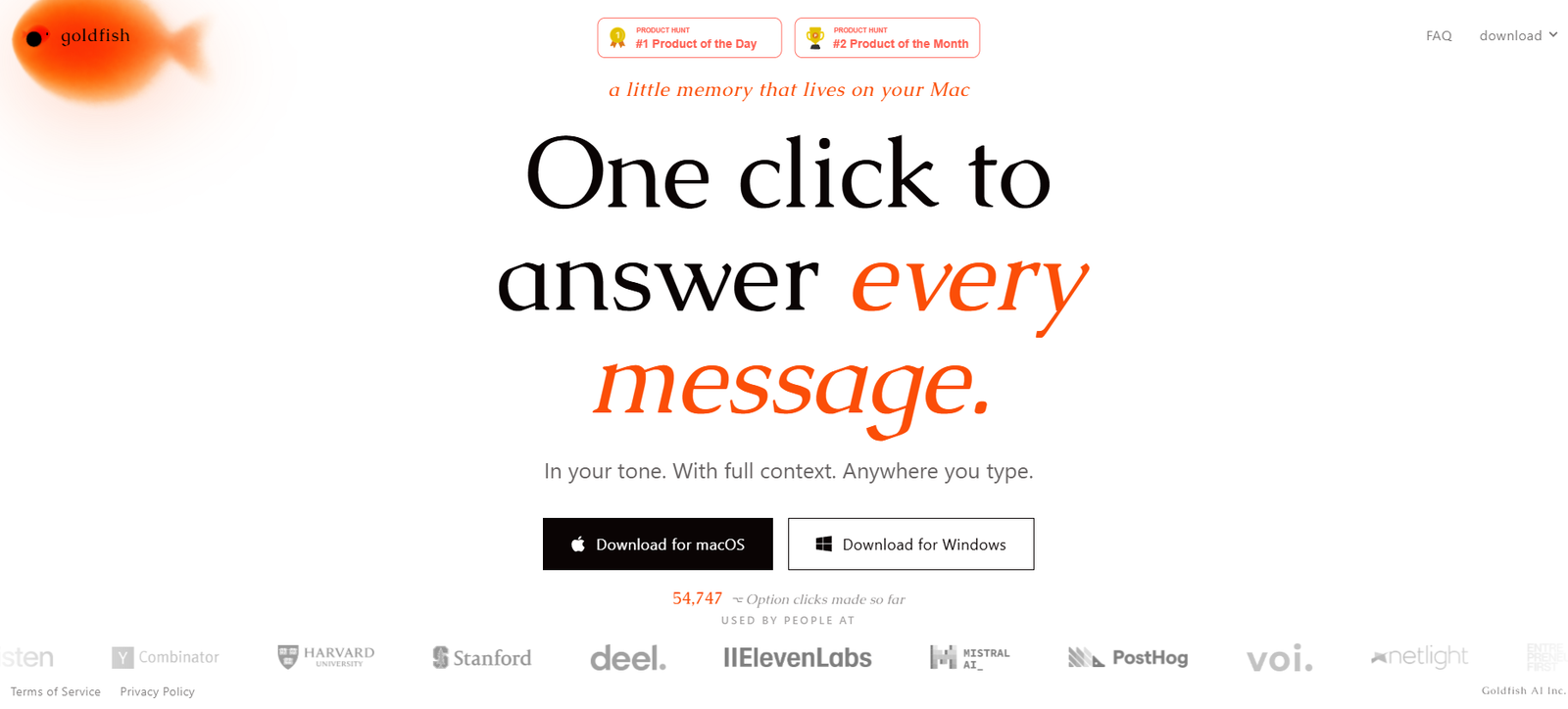 22 - Goldfish brand logo in the top-left corner with a large serif headline: 'One click to answer every message' in black and orange accents.