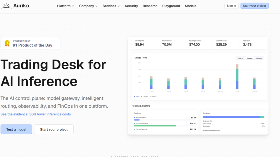 22 - Hero section for Auriko: large headline 'Trading Desk for AI Inference' with subtitle and two CTA buttons, plus a product dashboard mockup on the right-hand side.