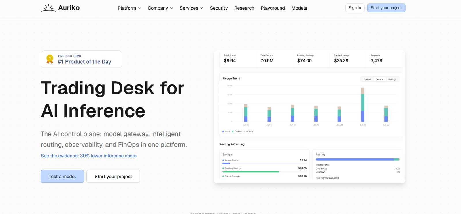 22 - Hero section for Auriko: large headline 'Trading Desk for AI Inference' with subtitle and two CTA buttons, plus a product dashboard mockup on the right-hand side.