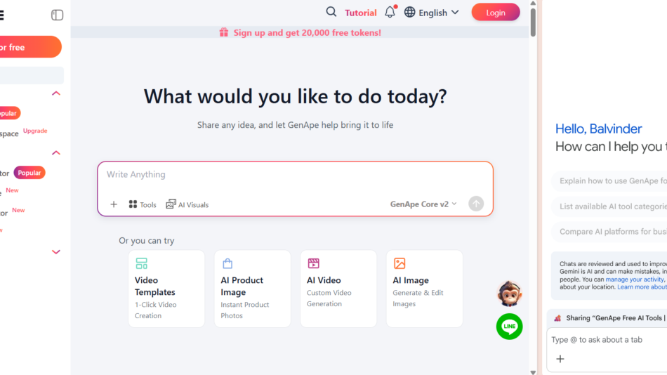 22 - GenApe homepage: left navigation with Sign up, TextApe tools; central hero asks 'What would you like to do today?' with input box; right panel greets user 'Hello, Balvinder'