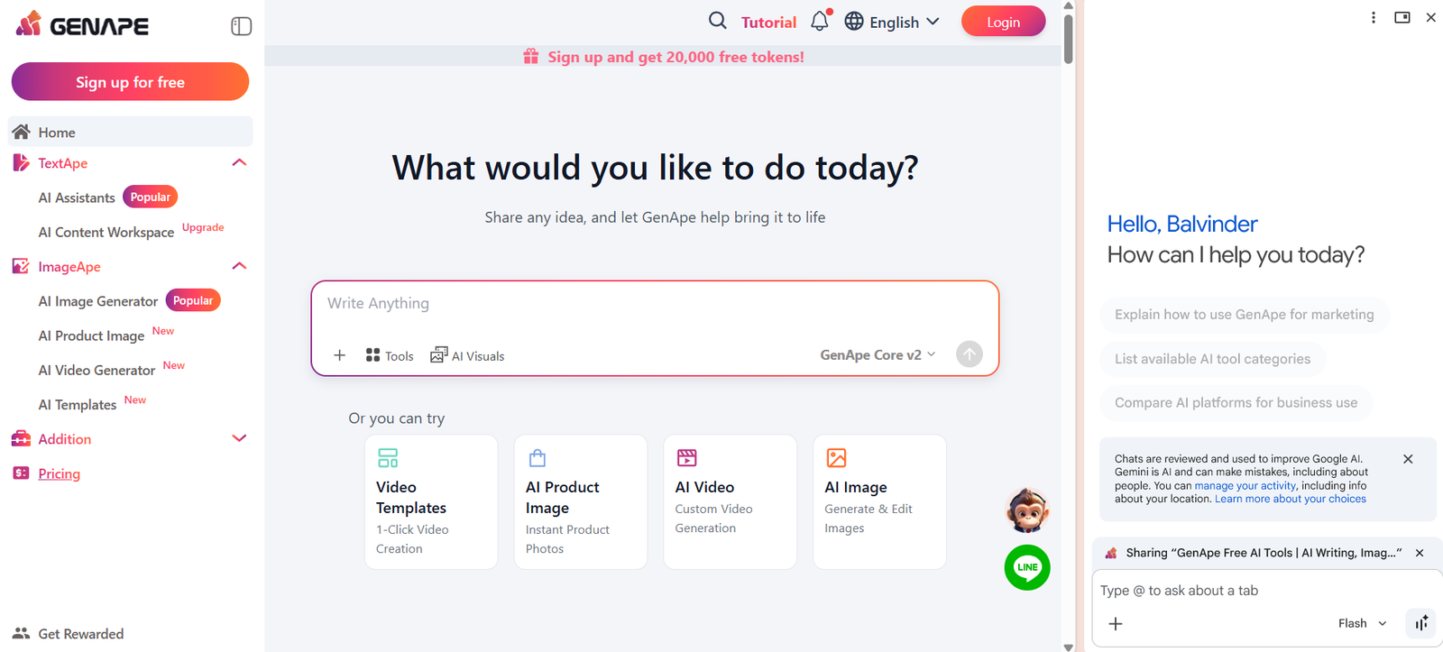 22 - GenApe homepage: left navigation with Sign up, TextApe tools; central hero asks 'What would you like to do today?' with input box; right panel greets user 'Hello, Balvinder'