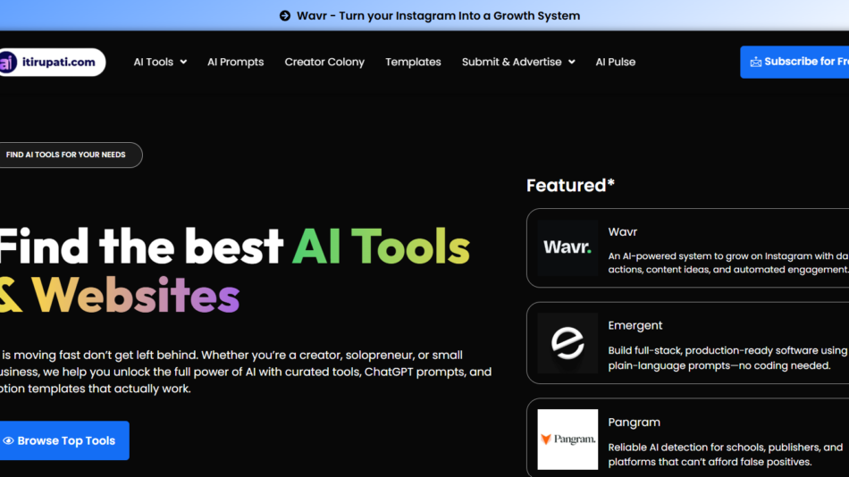 22 - Hero section of Itirupati with bold headline 'Find the best AI Tools & Websites' on a black background and a left action button; right side shows a 'Featured' tools list.