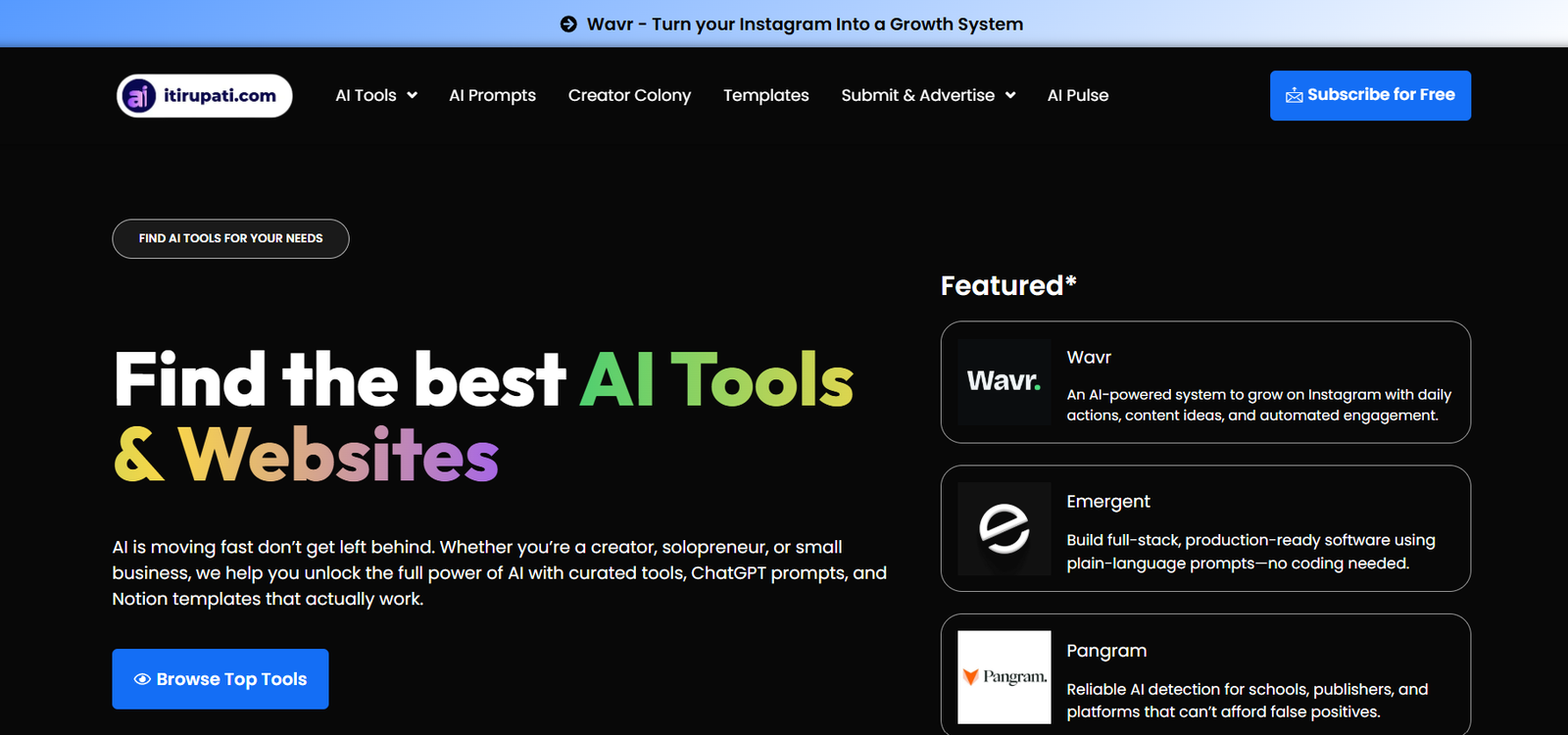 22 - Hero section of Itirupati with bold headline 'Find the best AI Tools & Websites' on a black background and a left action button; right side shows a 'Featured' tools list.