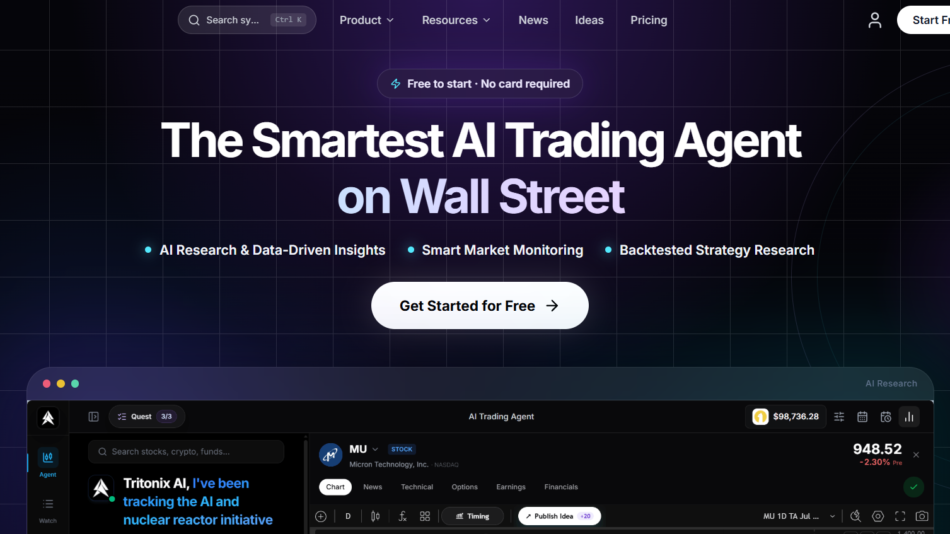 22 - Hero section for Tritonix.ai: 'The Smartest AI Trading Agent on Wall Street' with feature bullets and a 'Get Started for Free' CTA.