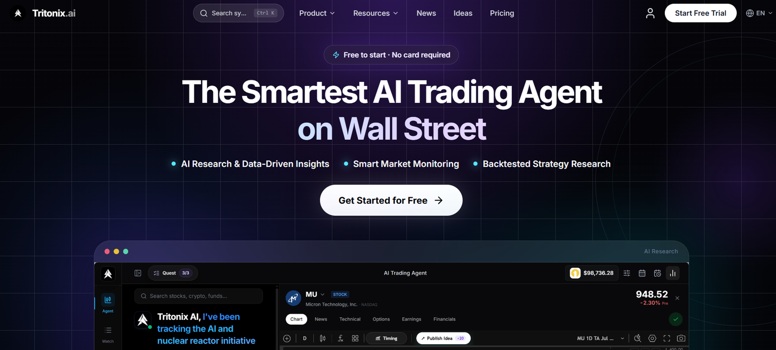 22 - Hero section for Tritonix.ai: 'The Smartest AI Trading Agent on Wall Street' with feature bullets and a 'Get Started for Free' CTA.