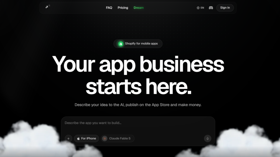 23 - Dark hero image with large white headline 'Your app business starts here.' and a misty cloud edge at the bottom; top navigation bar and a centered 'Shopify for mobile apps' badge appear above the text.