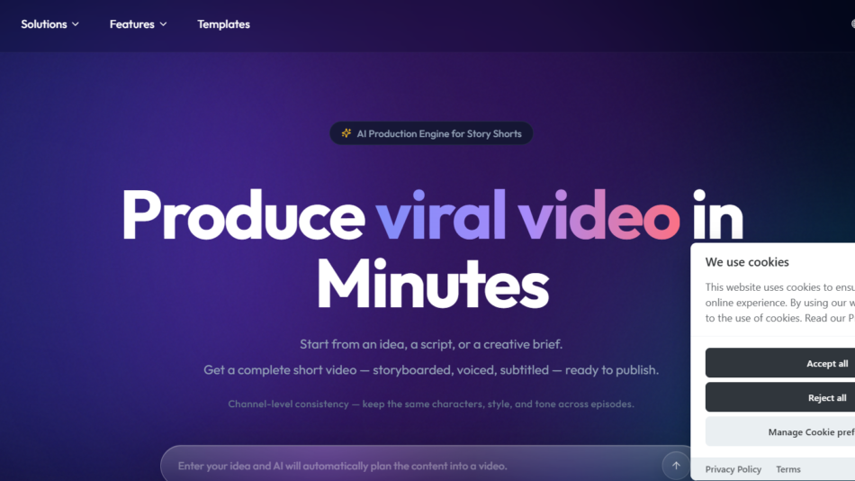 Hero section with gradient purple background and bold headline 'Produce viral video in Minutes' on the WUI.AI site.