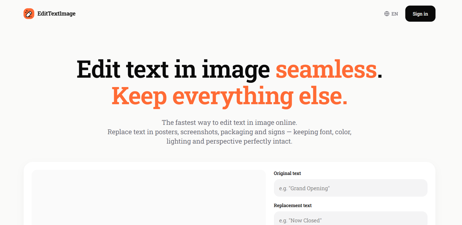 23 - Hero banner promoting an image-text editor: bold black text 'Edit text in image seamless.' and orange 'Keep everything else.' with a gray subtitle; header shows logo on left and Sign in on right.