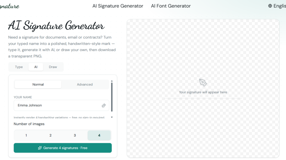 23 - UI: AI Signature Generator homepage with a left form (name input set to 'Emma Johnson') and a large right-hand canvas showing a placeholder signature area.