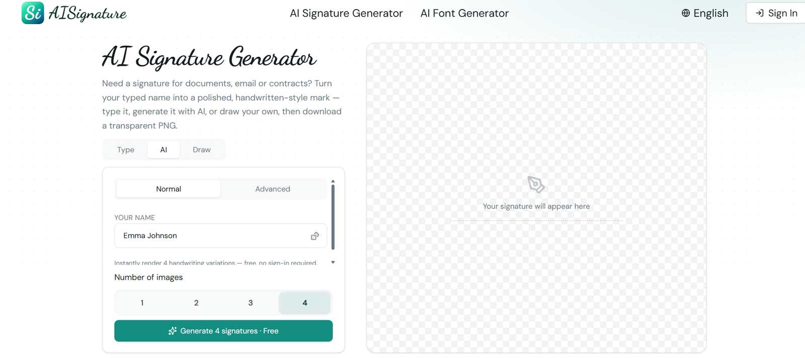 23 - UI: AI Signature Generator homepage with a left form (name input set to 'Emma Johnson') and a large right-hand canvas showing a placeholder signature area.